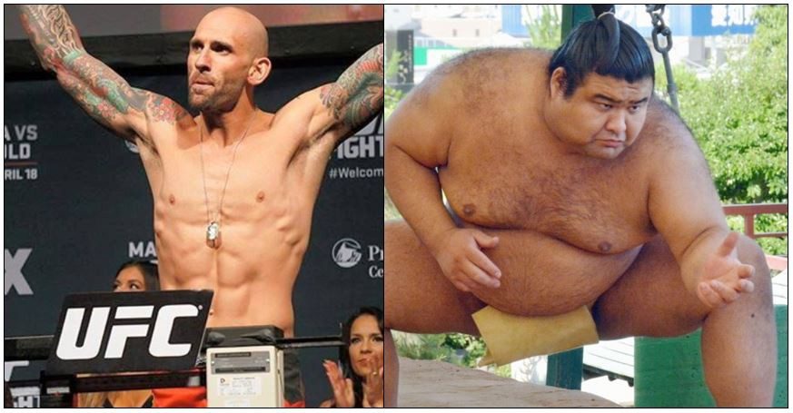 A side-by-side comparison of a UFC wrestler and a sumo wrestler to demonstrate fitness is purpose-specific.