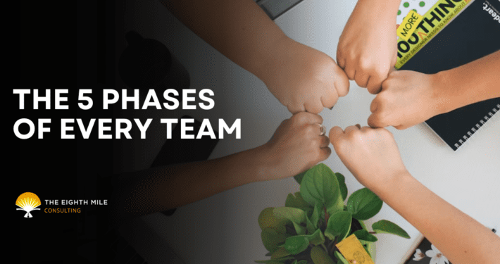 Five hands "fist-bumping" in the center of the image symbolizing the five stages in the lifecycle of a team.